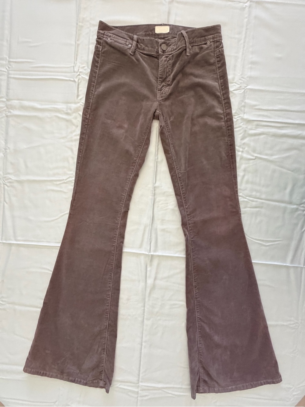 Mother The Curfew Velvet Flare Jeans Taupe Gray Size 26 Y2K Boho